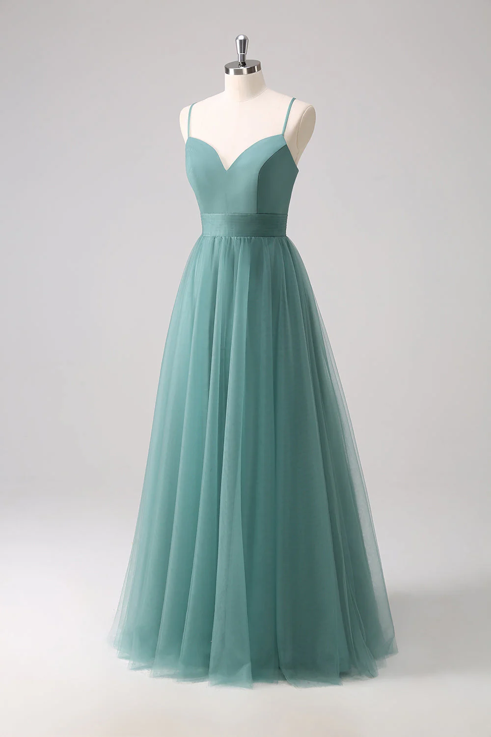 Robe de demoiselle d’honneur en tulle a-ligne à bretelles spaghetti eucalyptus - Image 5