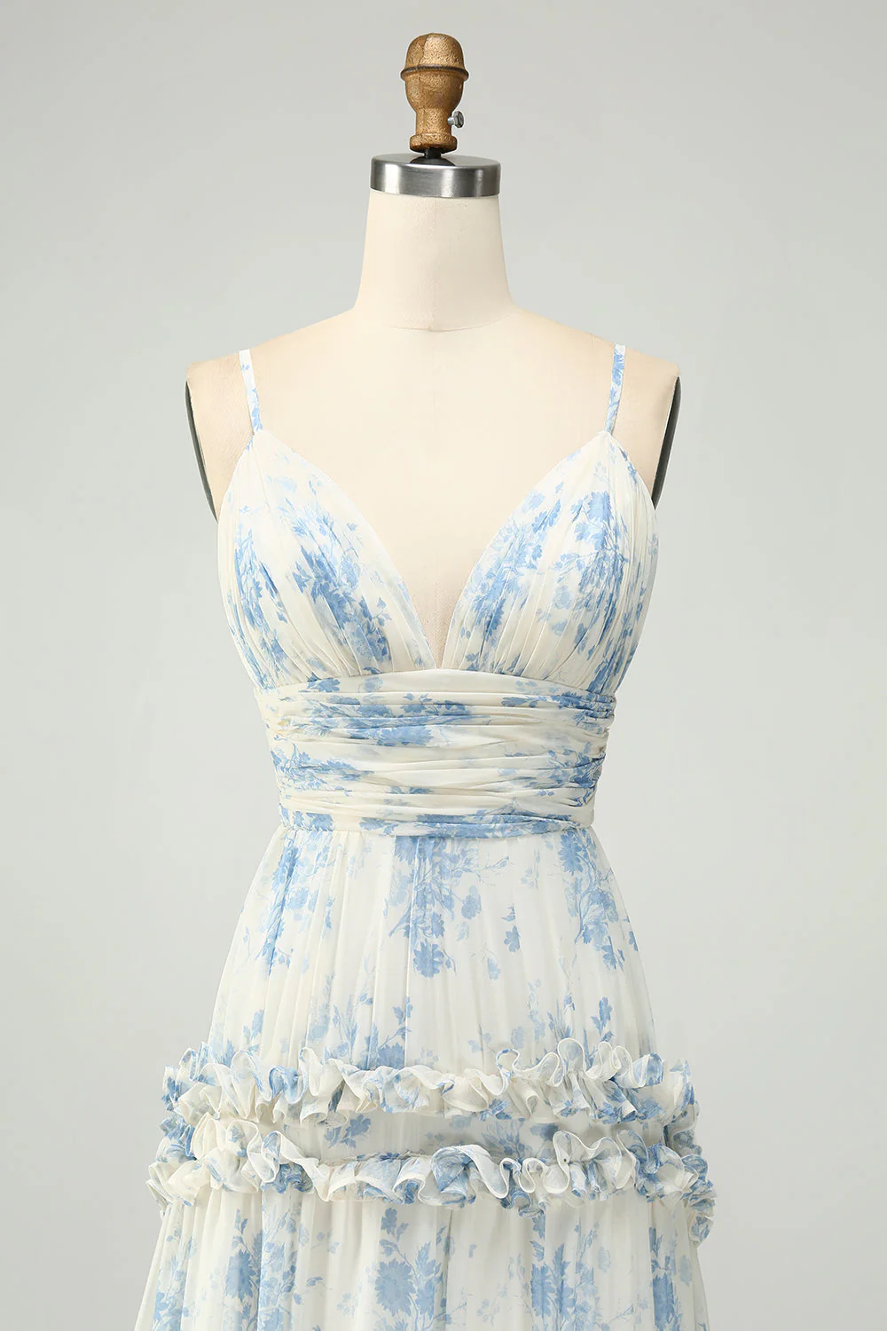 Robe de demoiselle d’honneur en tulle longue à bretelles spaghetti à bretelles bleues blanches et bleues - Image 4