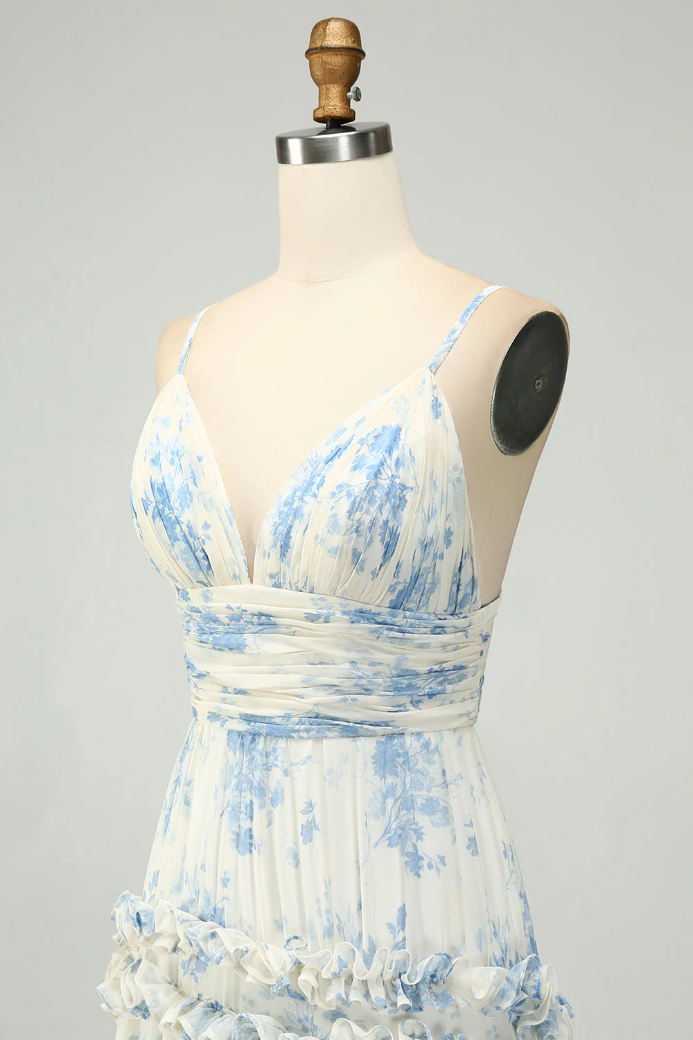 Robe de demoiselle d’honneur en tulle longue à bretelles spaghetti à bretelles bleues blanches et bleues - Image 6
