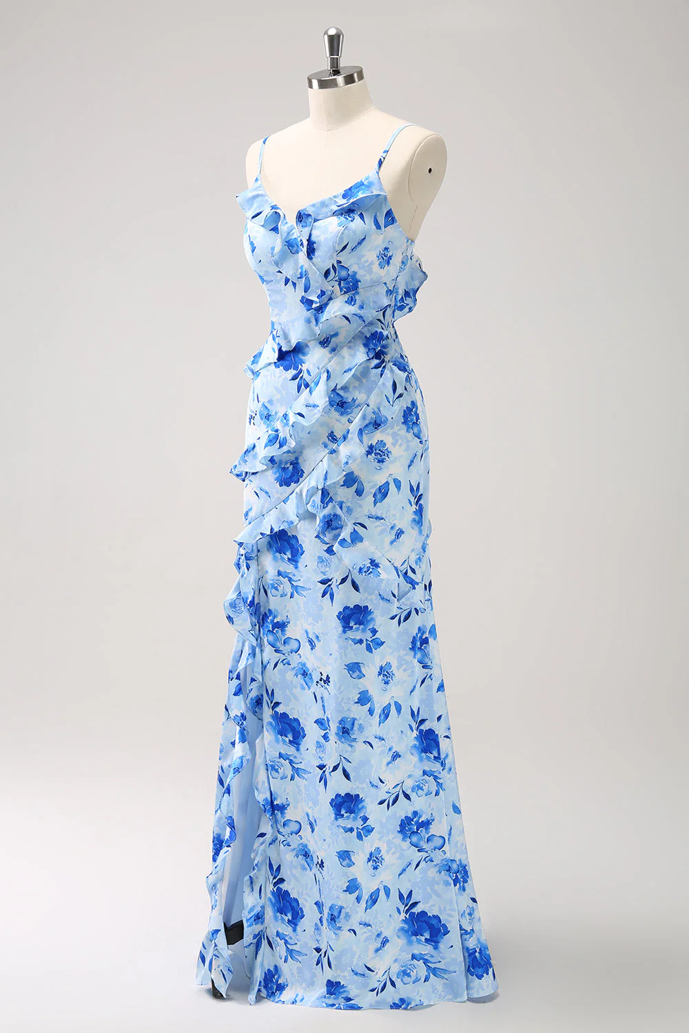 Robe de demoiselle d’honneur florale à volants bleus avec fente - Image 3