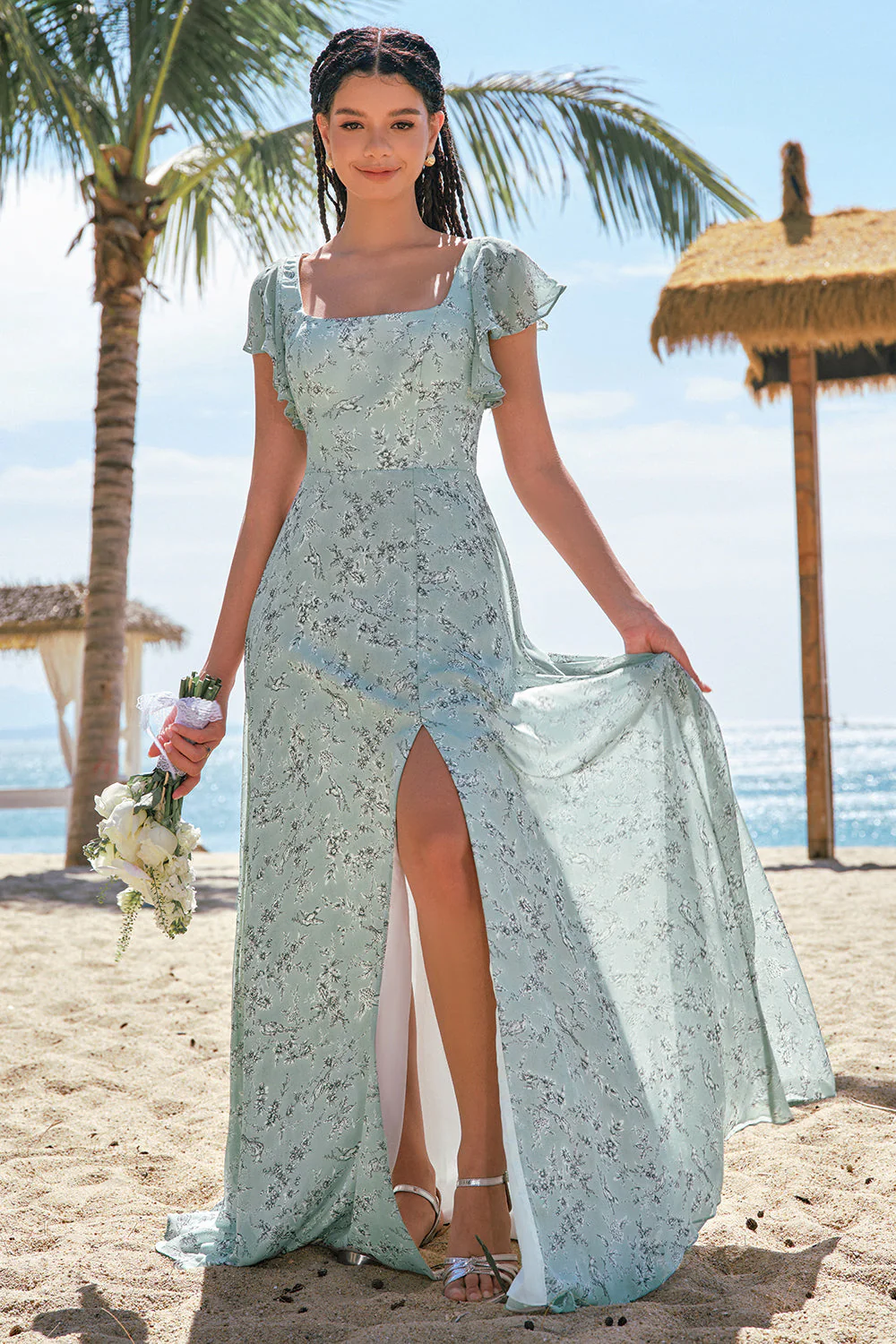 Robe de demoiselle d’honneur florale imprimée gris vert avec fente - Image 7