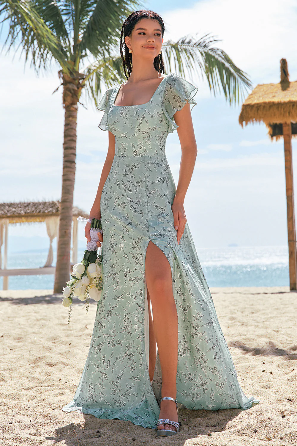 Robe de demoiselle d’honneur florale imprimée gris vert avec fente - Image 8