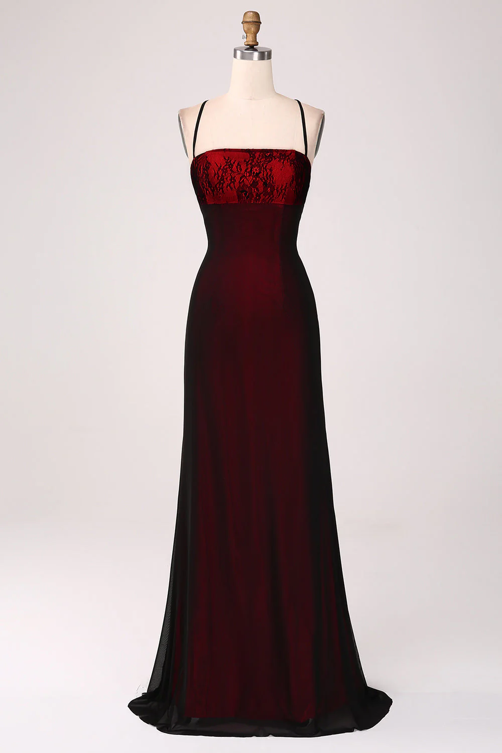 Robe de demoiselle d’honneur fourreau rouge noir avec dos à lacets