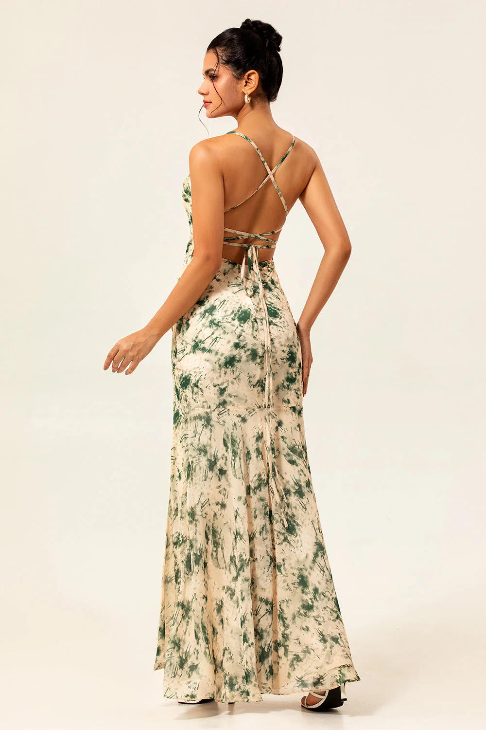 Robe de demoiselle d’honneur imprimée sirène florale champagne avec fente - Image 2