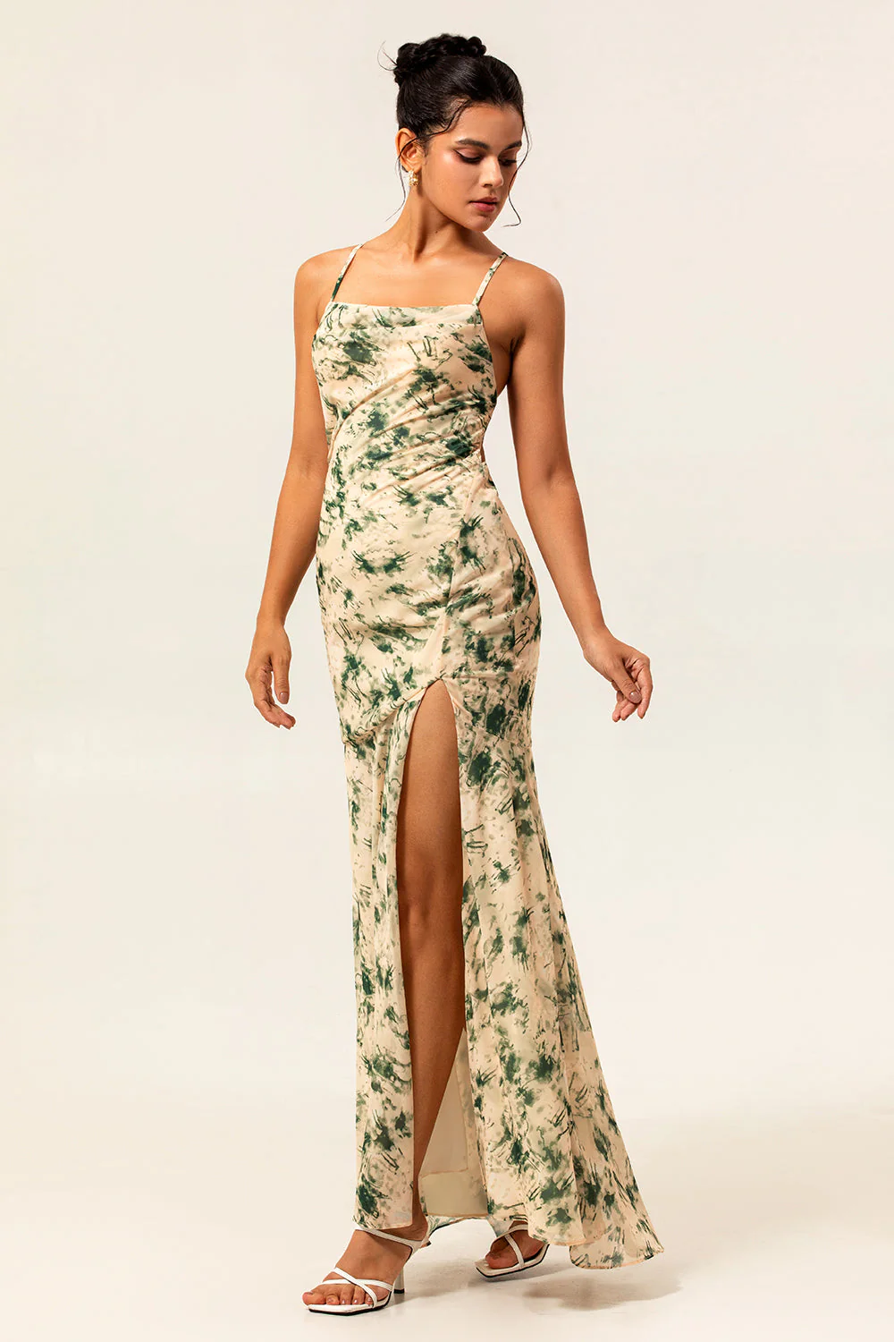 Robe de demoiselle d’honneur imprimée sirène florale champagne avec fente - Image 3