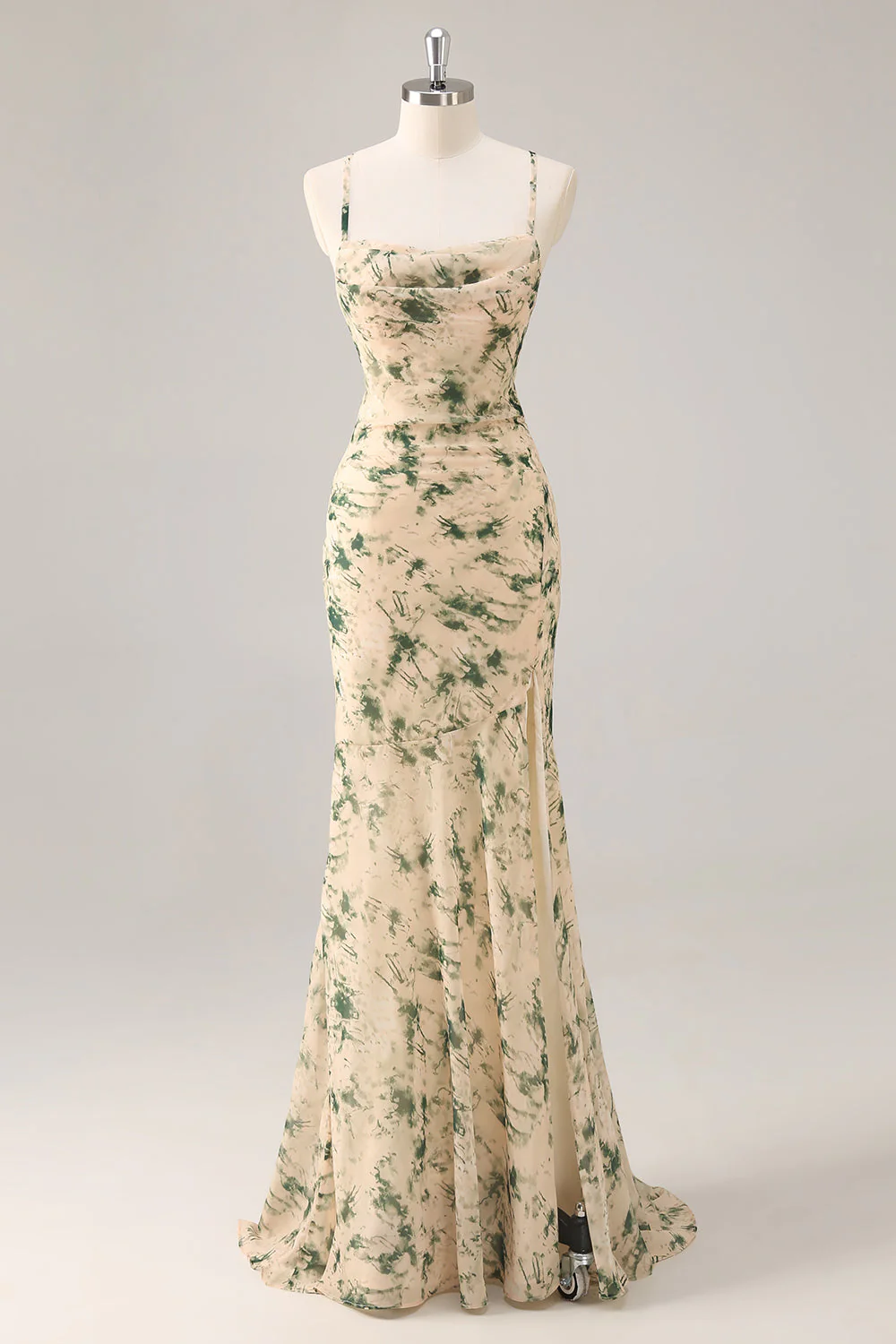 Robe de demoiselle d’honneur imprimée sirène florale champagne avec fente - Image 7