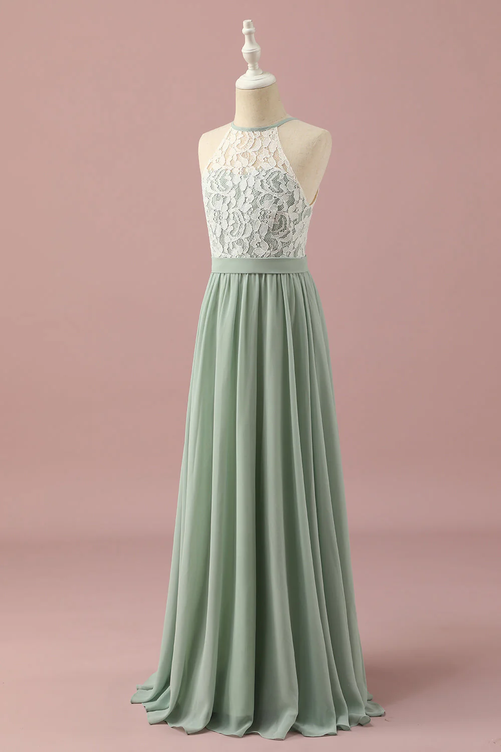 Robe de demoiselle d’honneur junior en dentelle verte et en mousseline de soie - Image 3