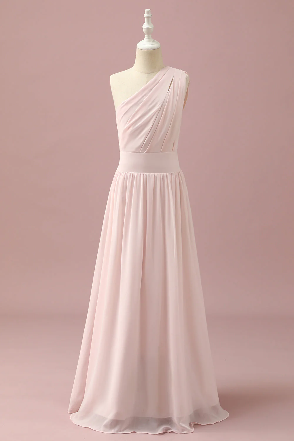 Robe de demoiselle d’honneur junior rose clair en mousseline de soie à une épaule