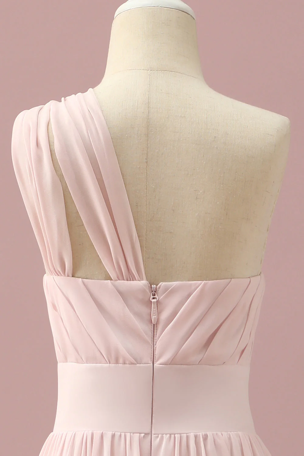 Robe de demoiselle d’honneur junior rose clair en mousseline de soie à une épaule - Image 5