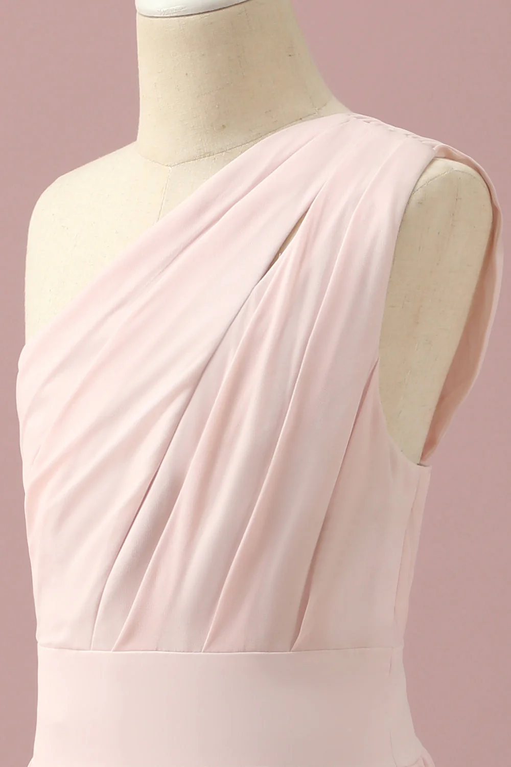 Robe de demoiselle d’honneur junior rose clair en mousseline de soie à une épaule - Image 6