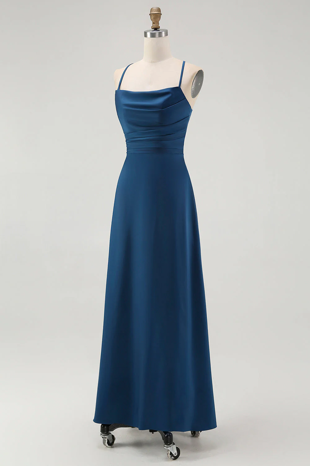 Robe de demoiselle d’honneur longue à bretelles spaghetti bleu foncé - Image 3
