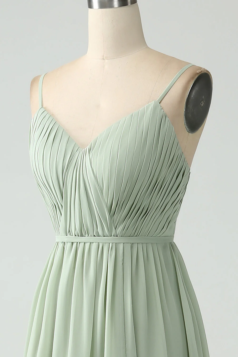 Robe de demoiselle d’honneur longue à bretelles spaghetti en mousseline de soie poussiéreuse avec fente - Image 5