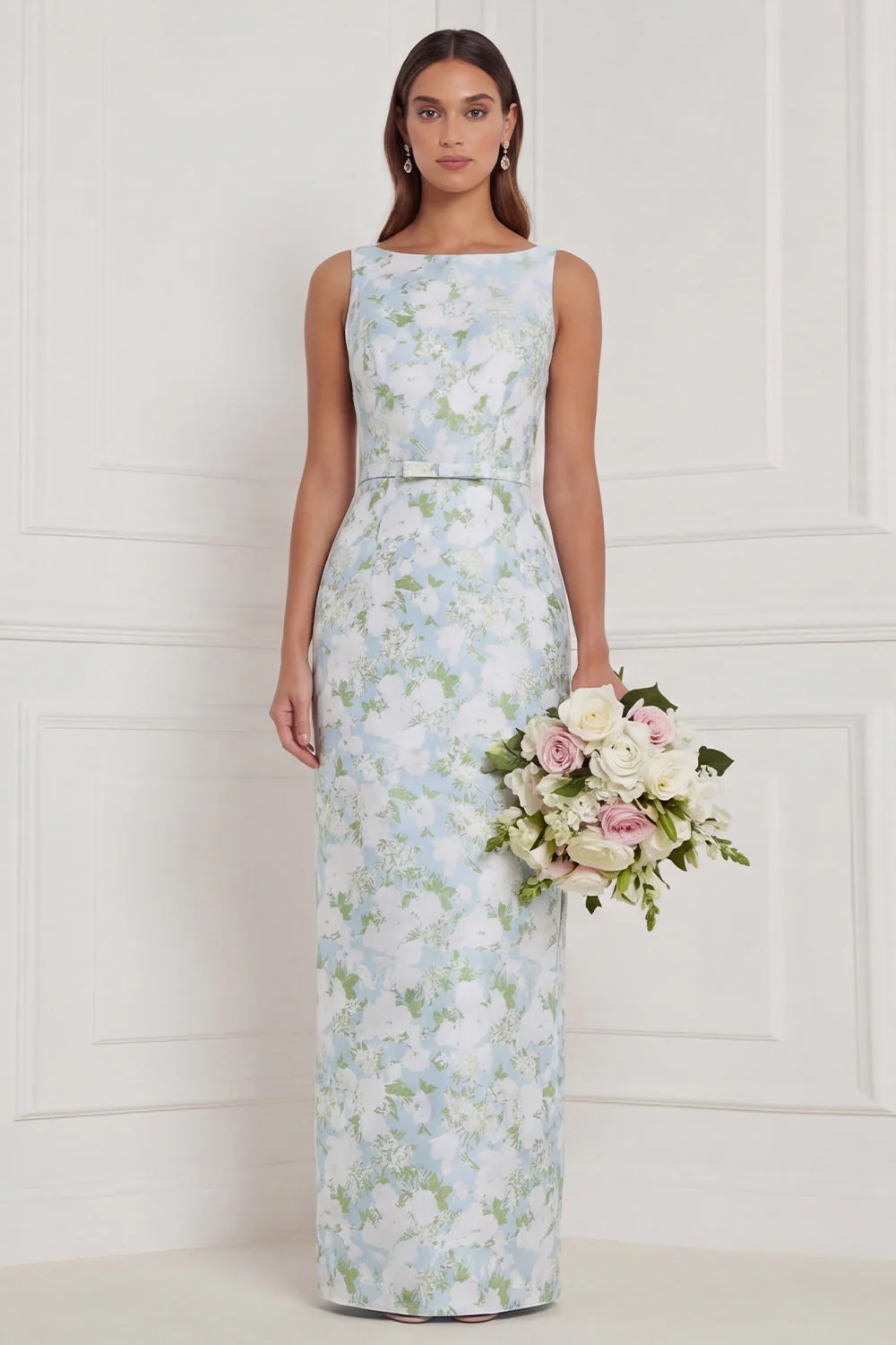 Robe de demoiselle d’honneur longue à col bateau bleu blanc à fleurs