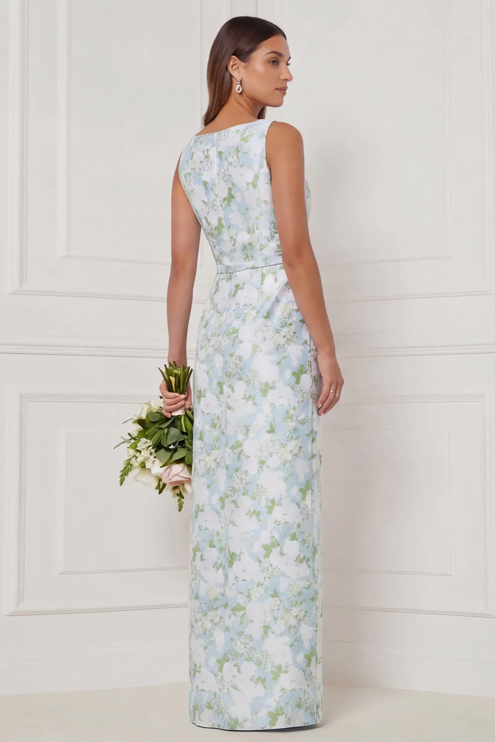 Robe de demoiselle d’honneur longue à col bateau bleu blanc à fleurs - Image 2