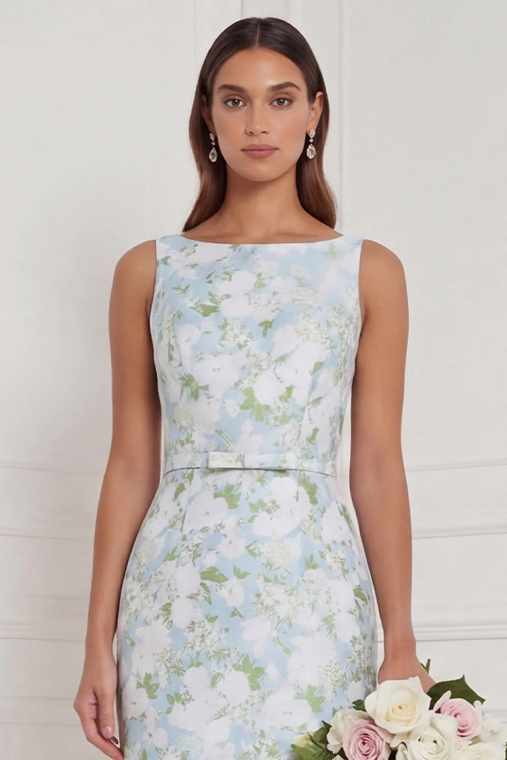 Robe de demoiselle d’honneur longue à col bateau bleu blanc à fleurs - Image 6