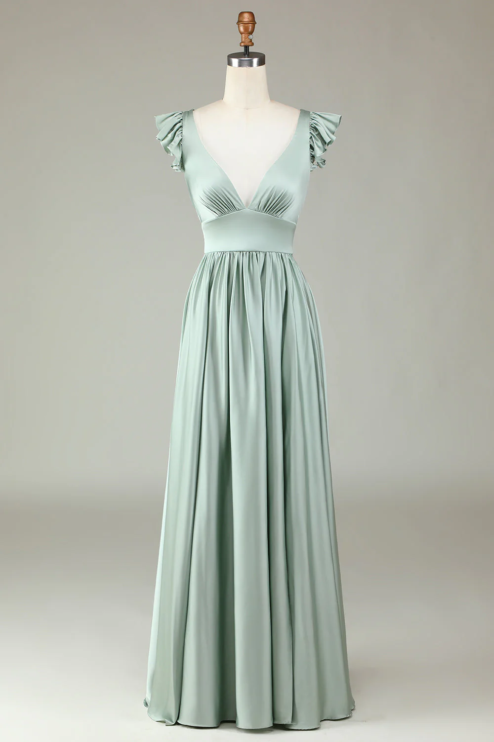 Robe de demoiselle d’honneur longue à col en V profond Matcha avec volants