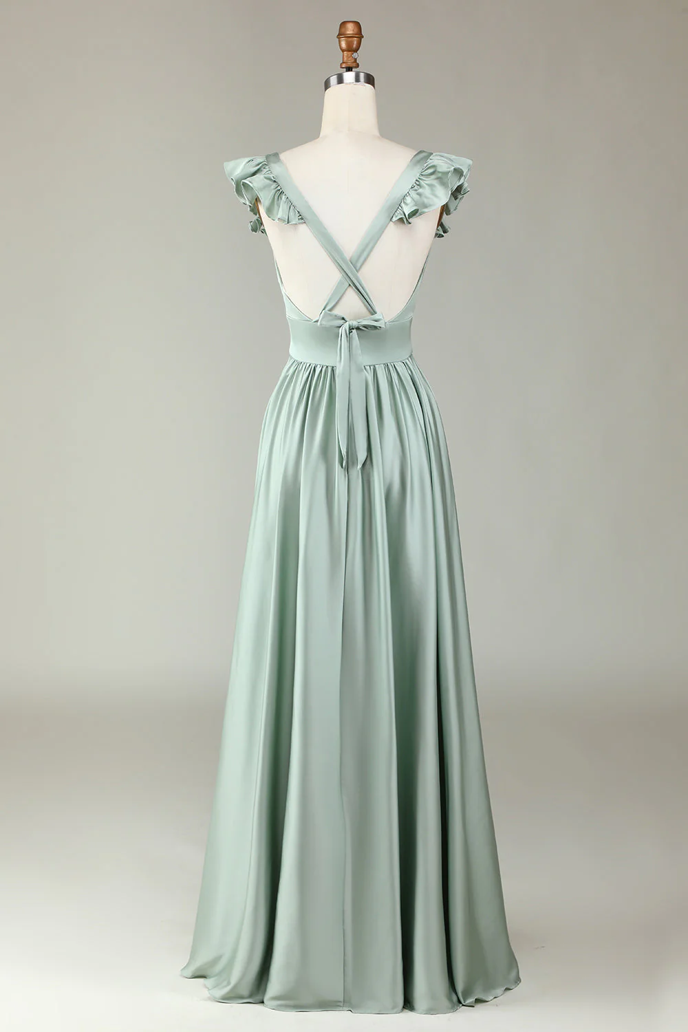 Robe de demoiselle d’honneur longue à col en V profond Matcha avec volants - Image 2