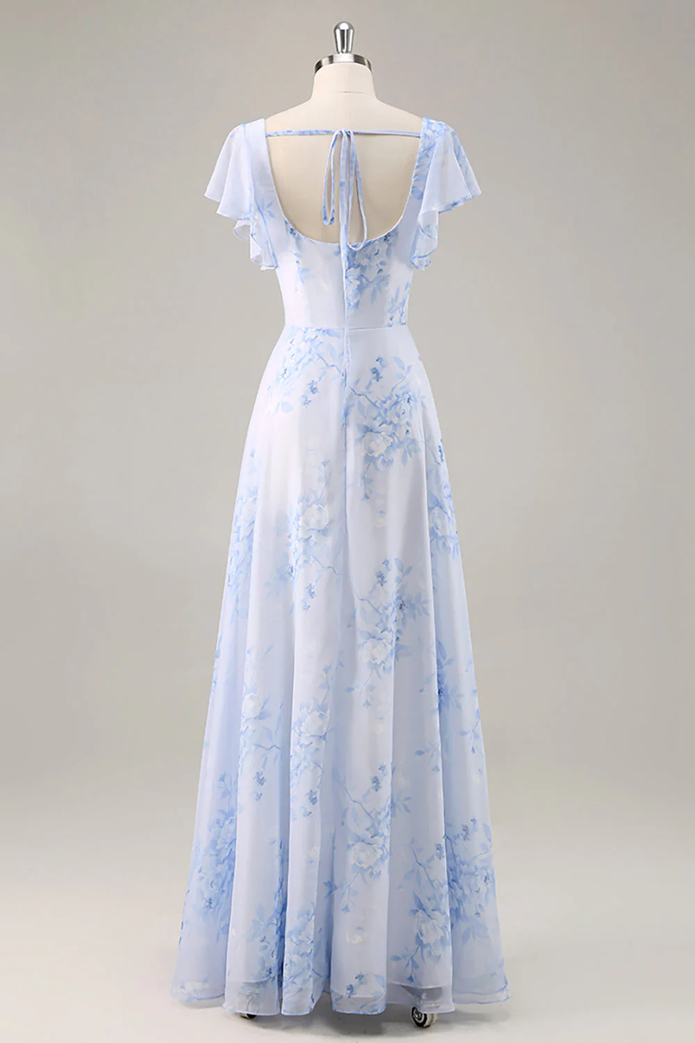 Robe de demoiselle d’honneur longue à col rond floral en mousseline de soie bleue avec volants - Image 2