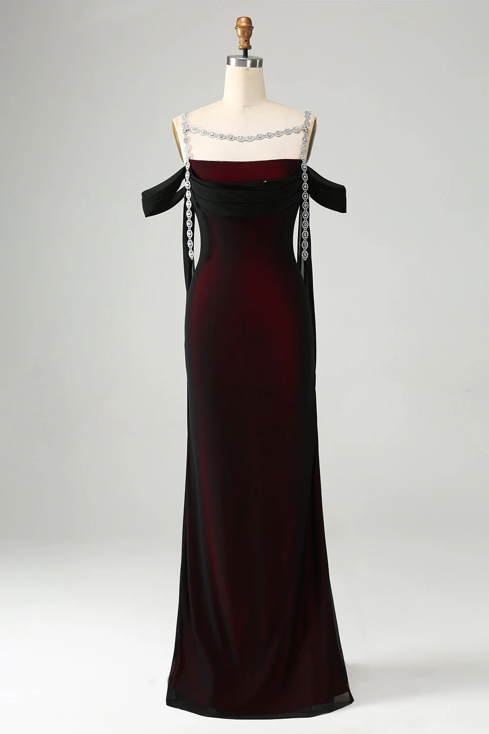 Robe de demoiselle d’honneur longue à épaules froides sirène rouge noire scintillante