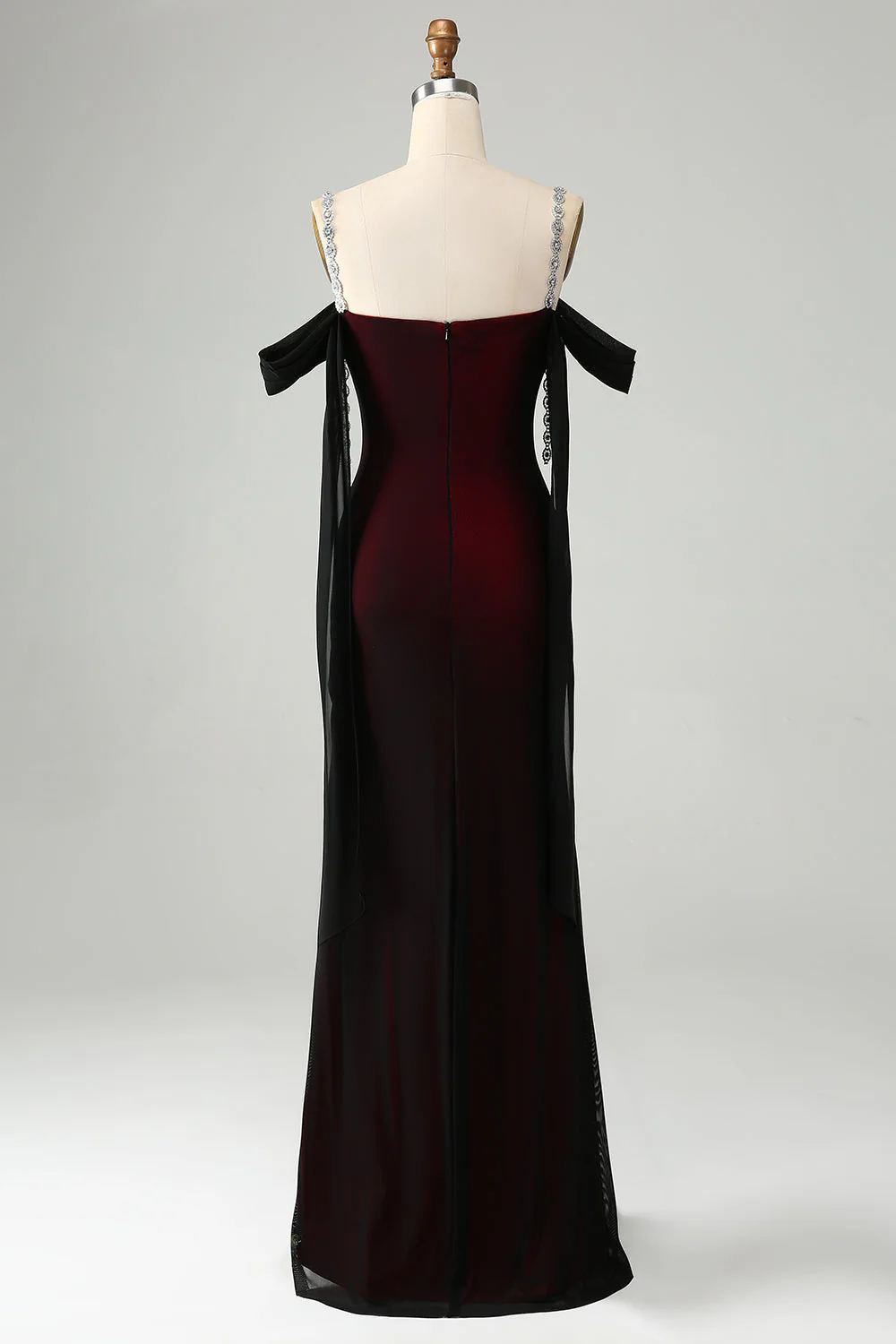 Robe de demoiselle d’honneur longue à épaules froides sirène rouge noire scintillante - Image 2