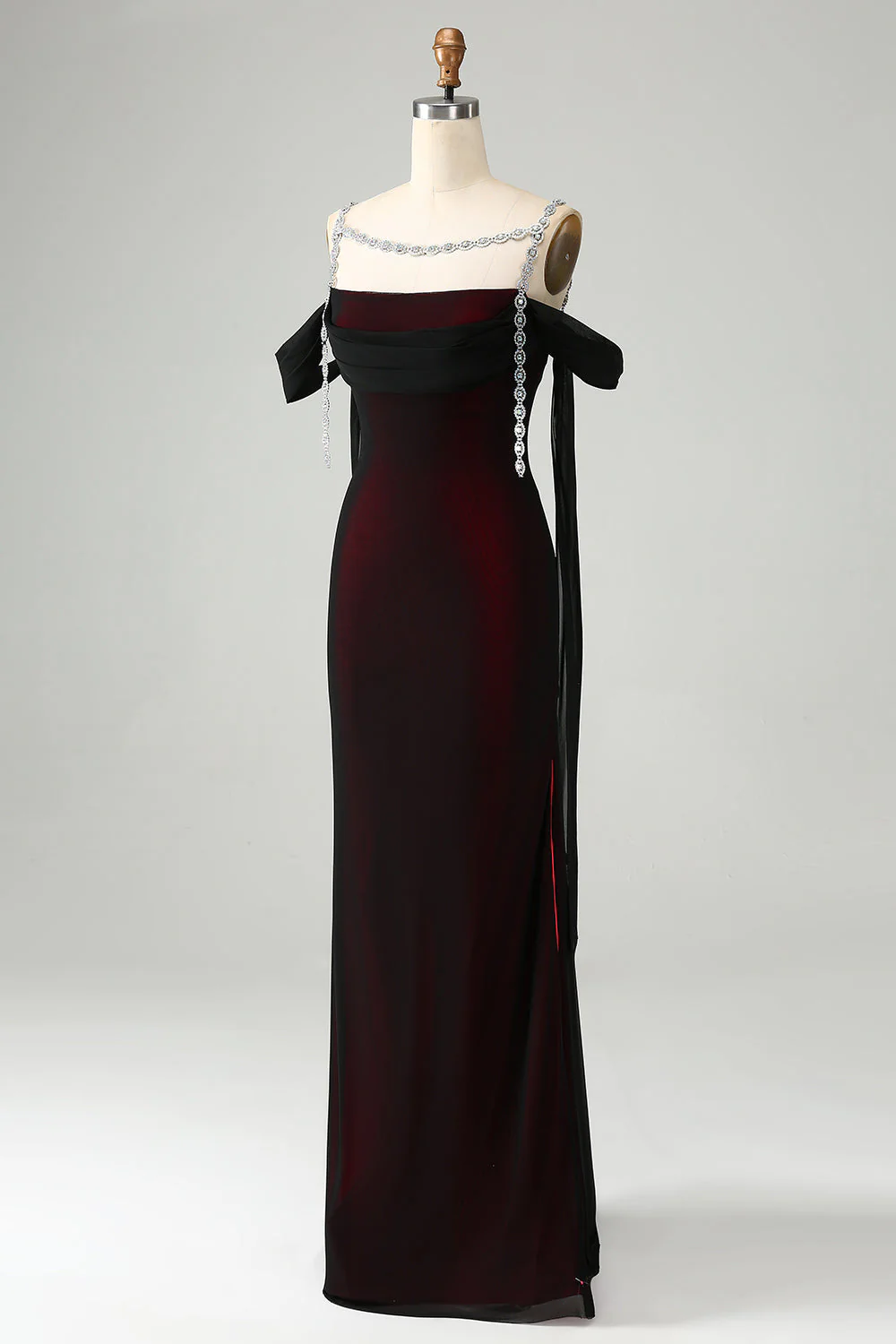 Robe de demoiselle d’honneur longue à épaules froides sirène rouge noire scintillante - Image 3