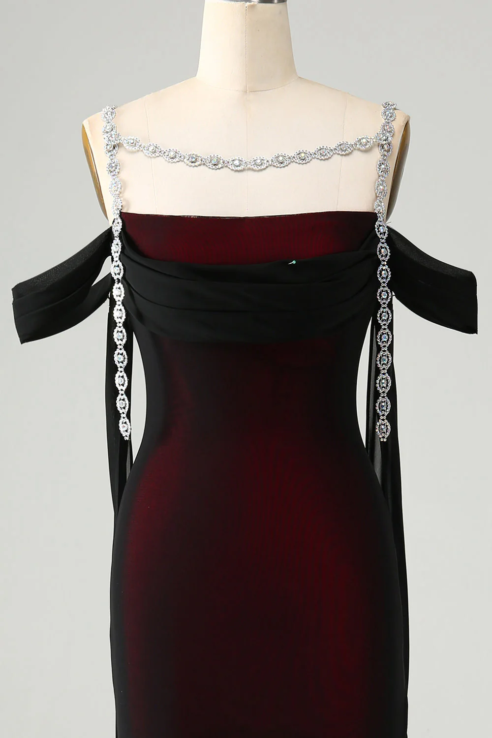 Robe de demoiselle d’honneur longue à épaules froides sirène rouge noire scintillante - Image 4
