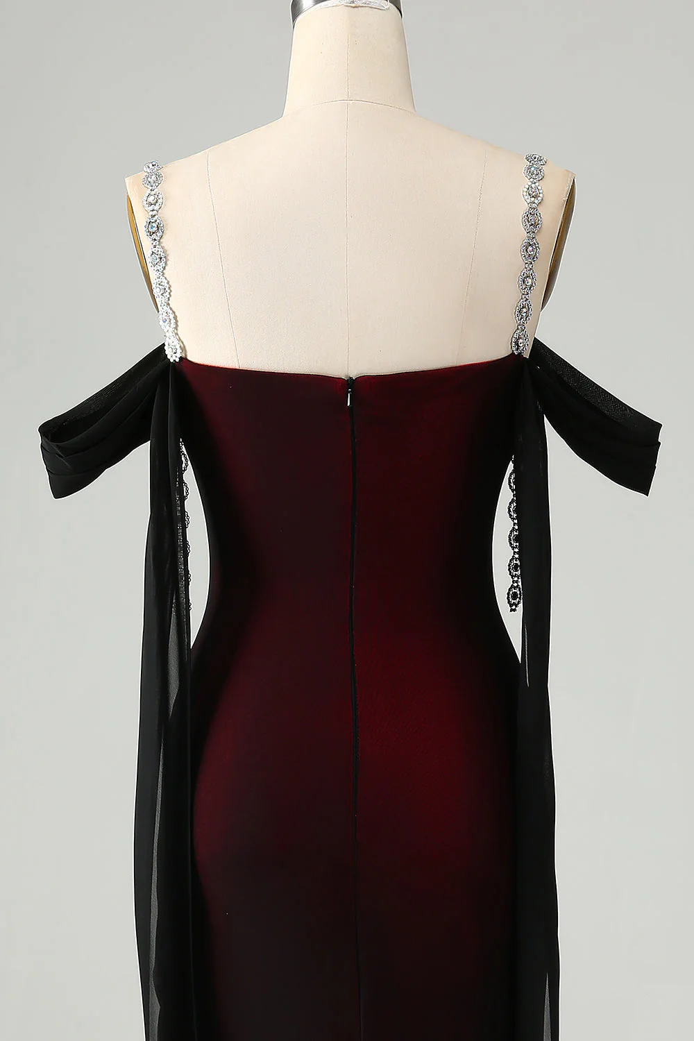 Robe de demoiselle d’honneur longue à épaules froides sirène rouge noire scintillante - Image 5