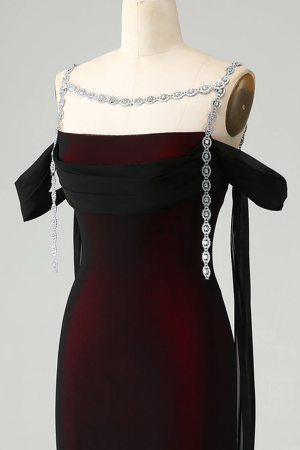 Robe de demoiselle d’honneur longue à épaules froides sirène rouge noire scintillante - Image 6
