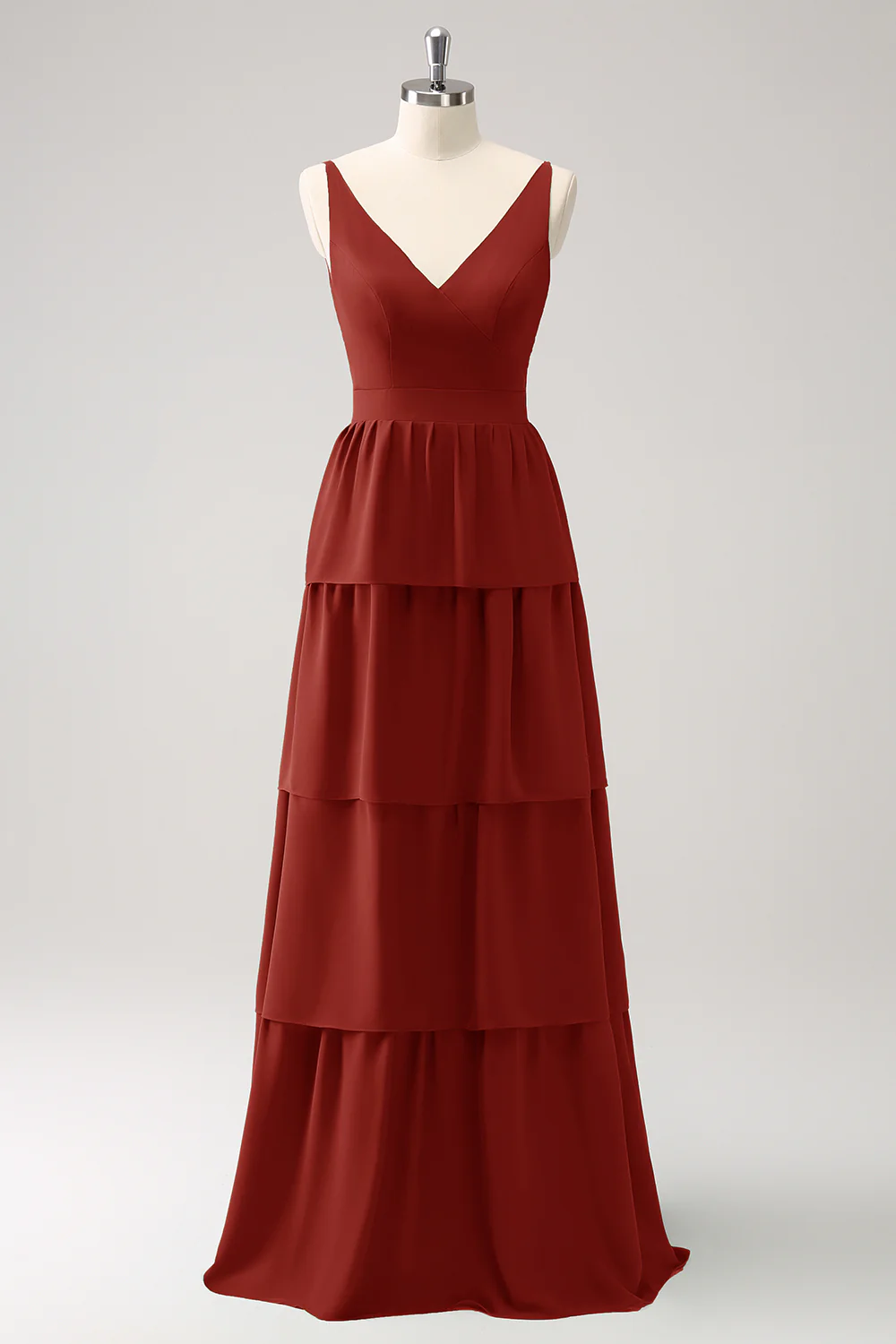 Robe de demoiselle d’honneur longue à niveaux à col en V Rouge - Image 17