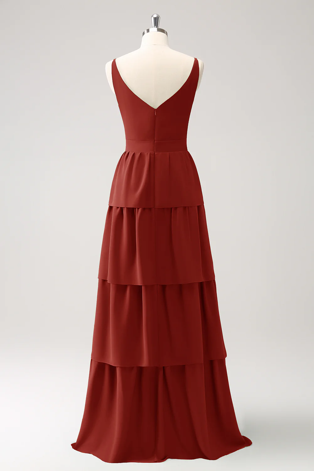 Robe de demoiselle d’honneur longue à niveaux à col en V Rouge - Image 18