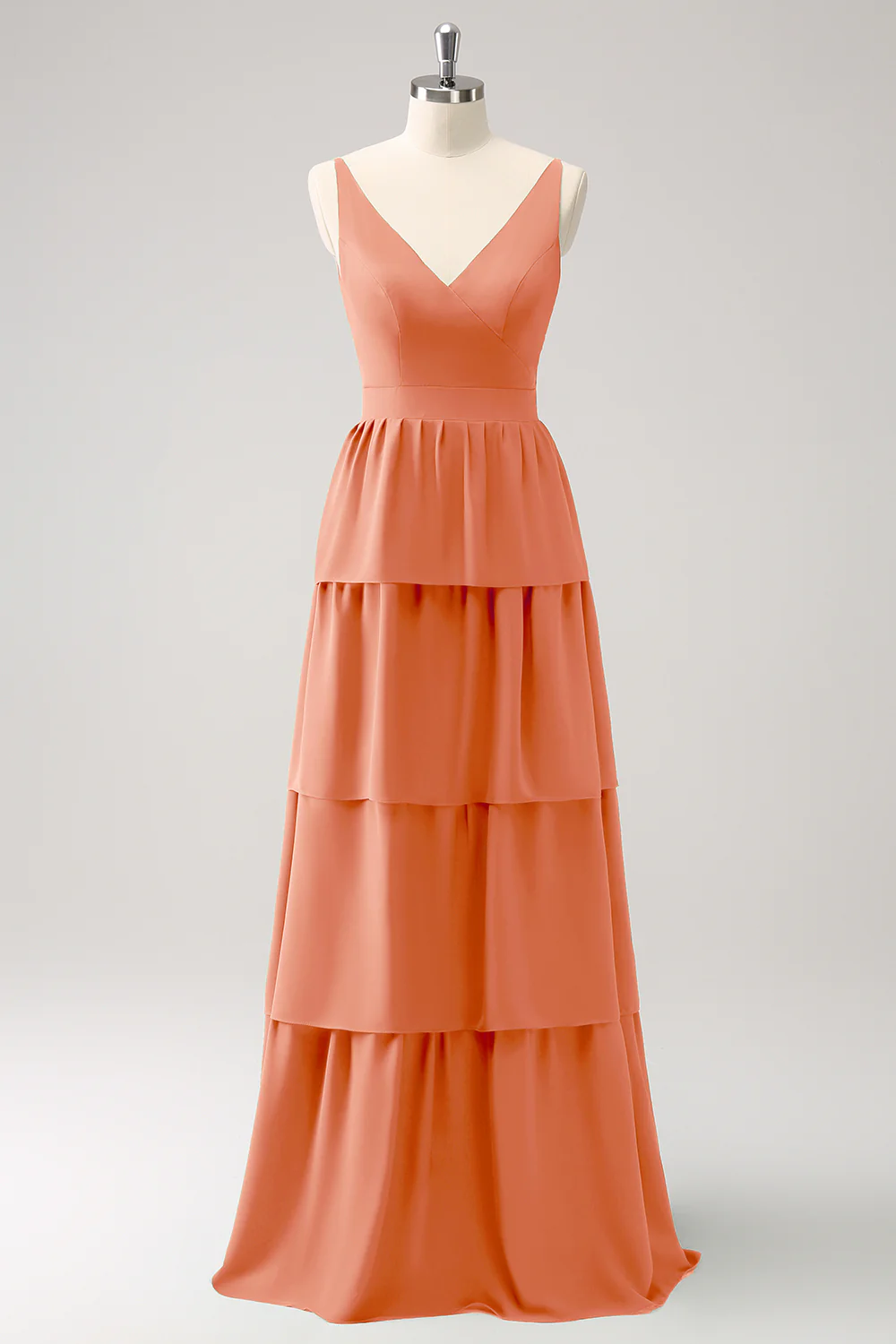 Robe de demoiselle d’honneur longue à niveaux à col en V Rouge - Image 21
