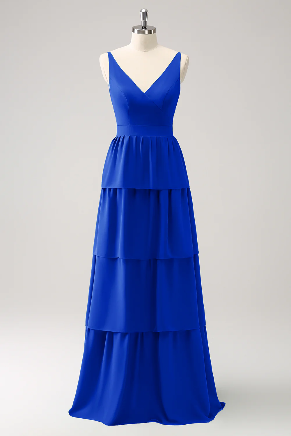 Robe de demoiselle d’honneur longue à niveaux à col en V Rouge - Image 3
