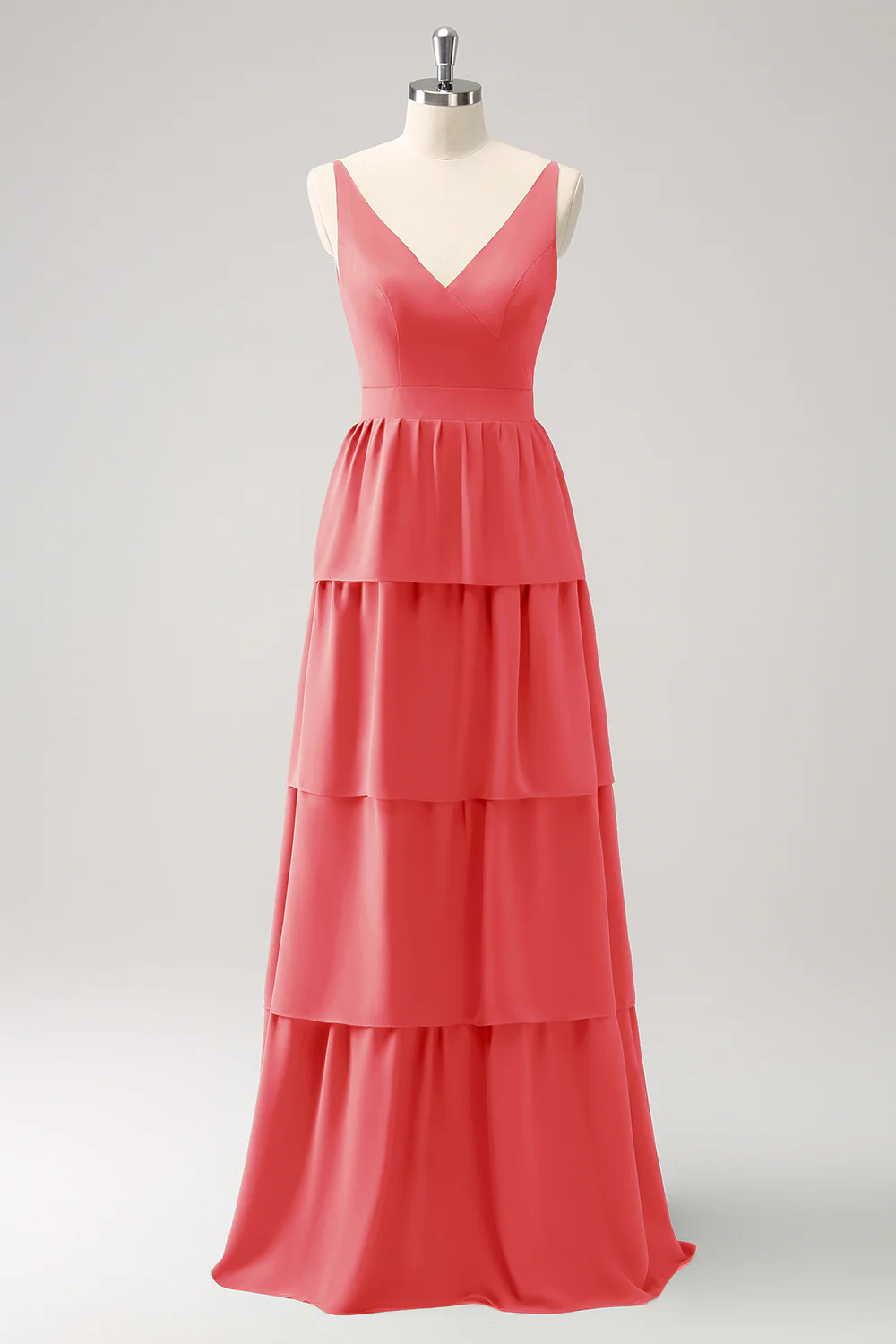 Robe de demoiselle d’honneur longue à niveaux à col en V Rouge - Image 5