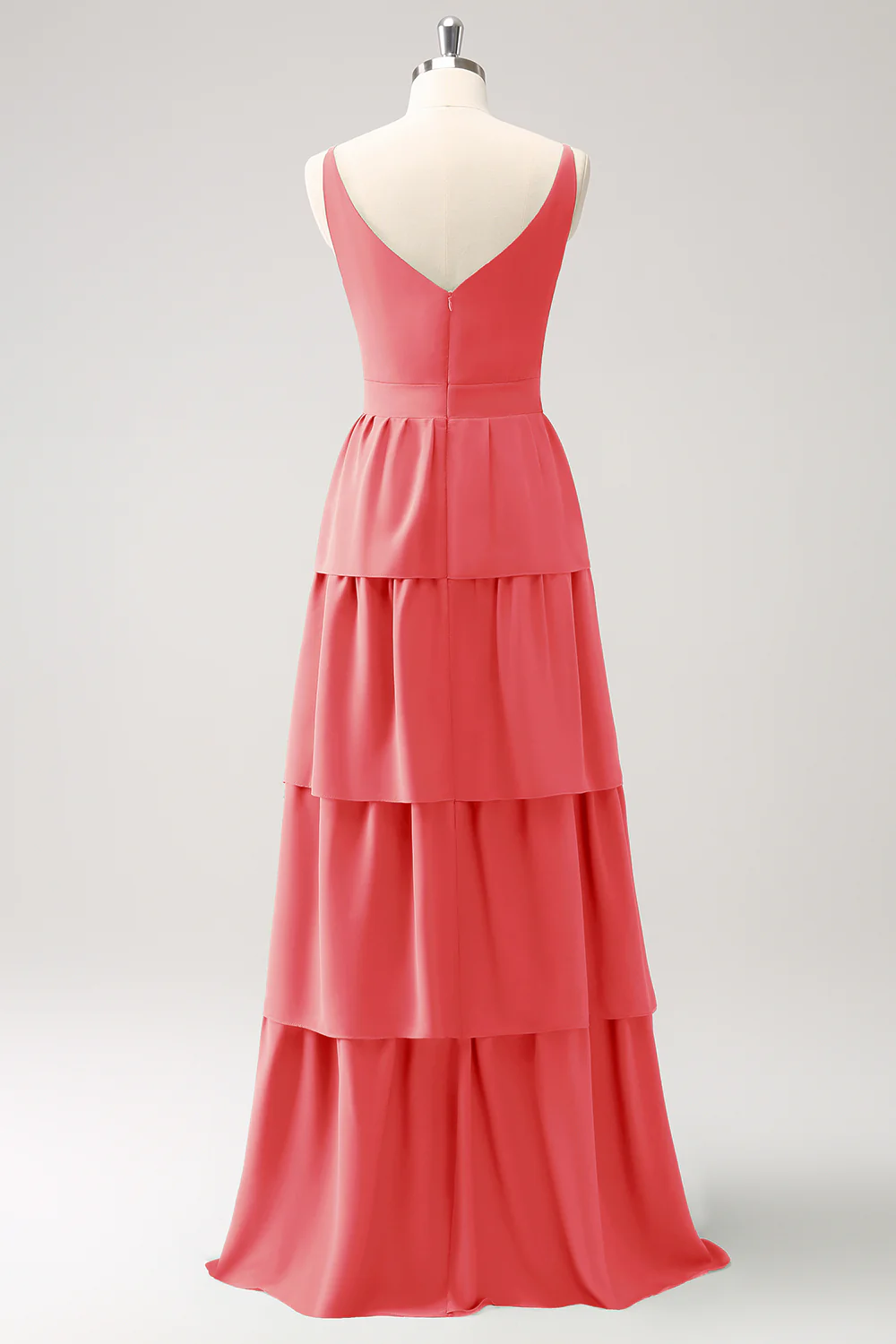 Robe de demoiselle d’honneur longue à niveaux à col en V Rouge - Image 6