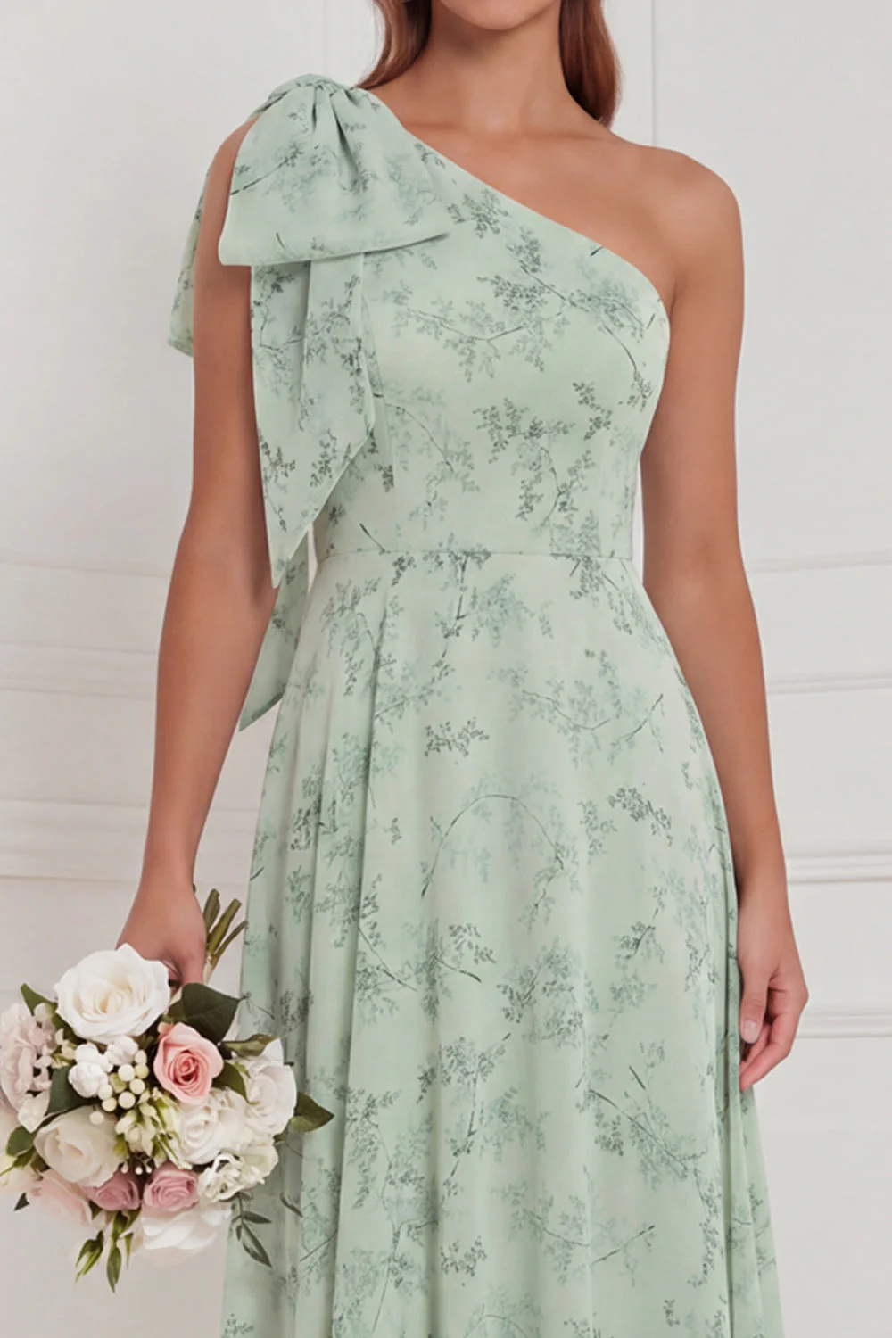 Robe de demoiselle d’honneur longue à une épaule en sauge poussiéreuse - Image 3