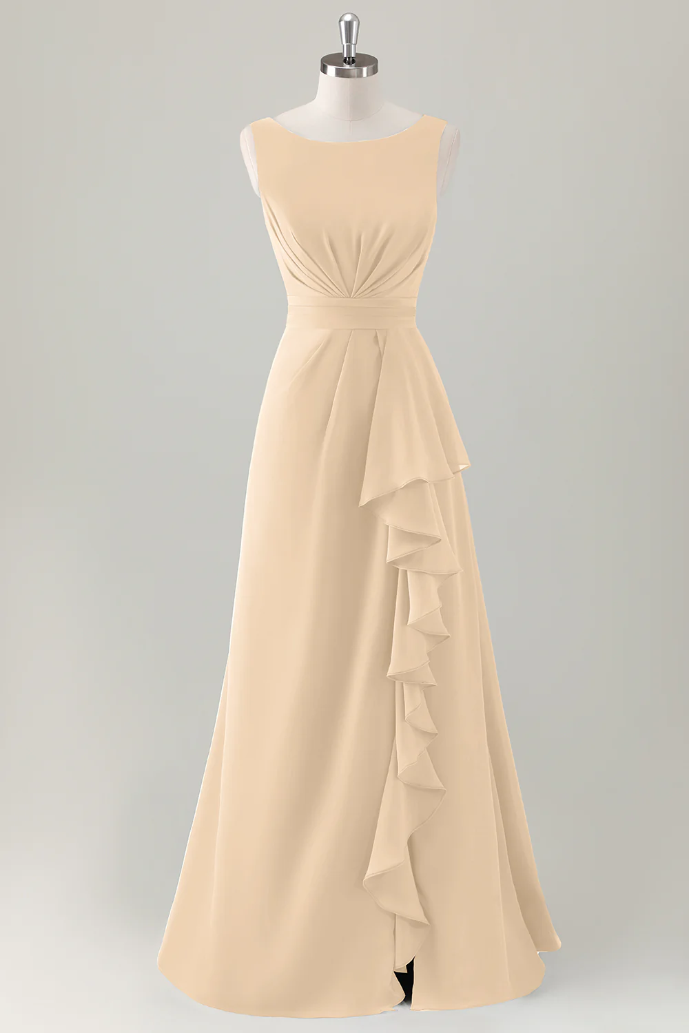 Robe de demoiselle d’honneur longue à volants trapèze bleu foncé avec fente - Image 11