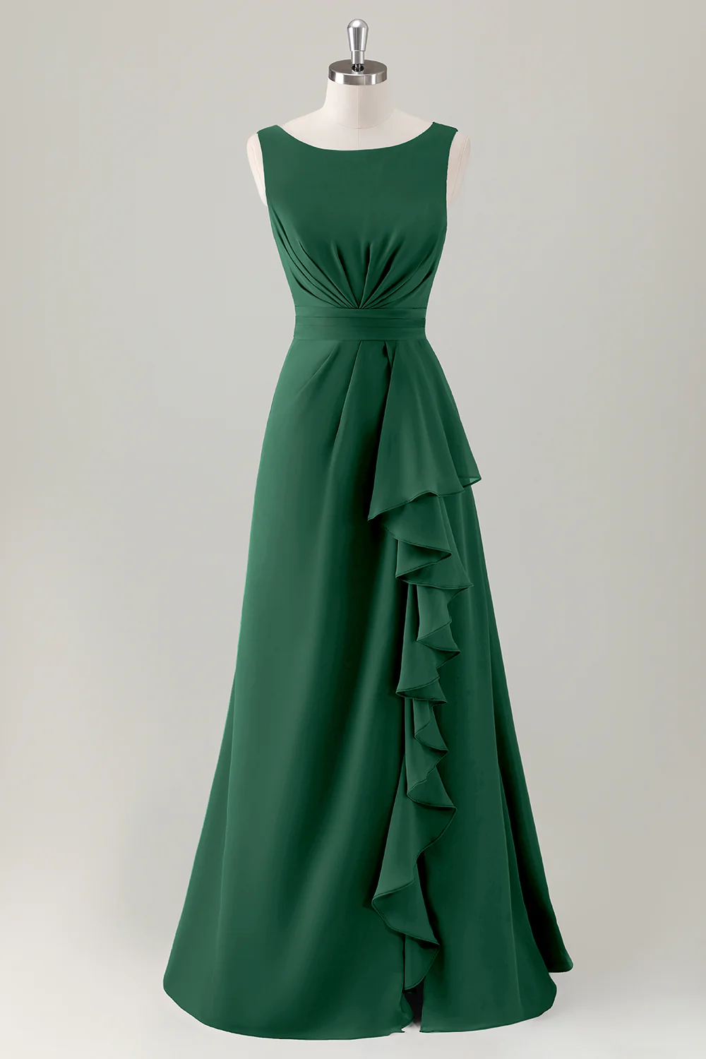Robe de demoiselle d’honneur longue à volants trapèze bleu foncé avec fente - Image 13