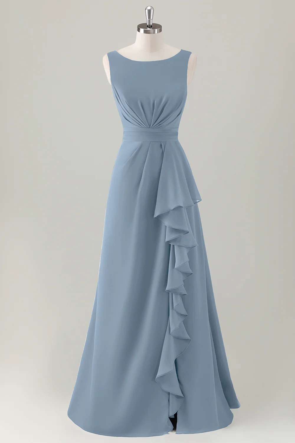 Robe de demoiselle d’honneur longue à volants trapèze bleu foncé avec fente - Image 15