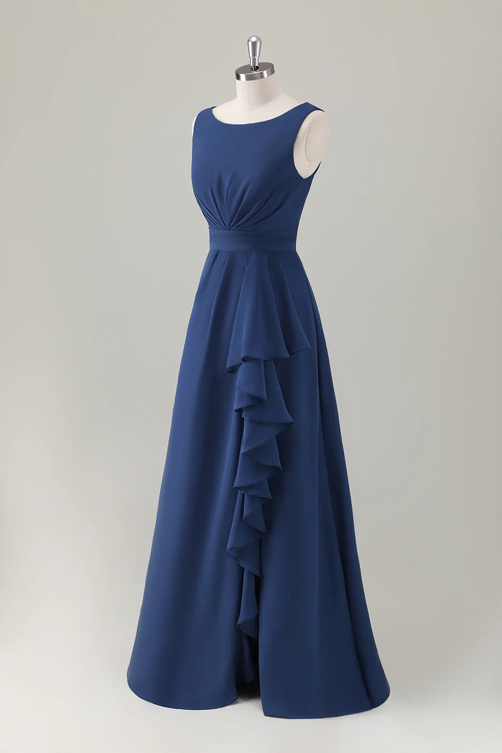 Robe de demoiselle d’honneur longue à volants trapèze bleu foncé avec fente - Image 3