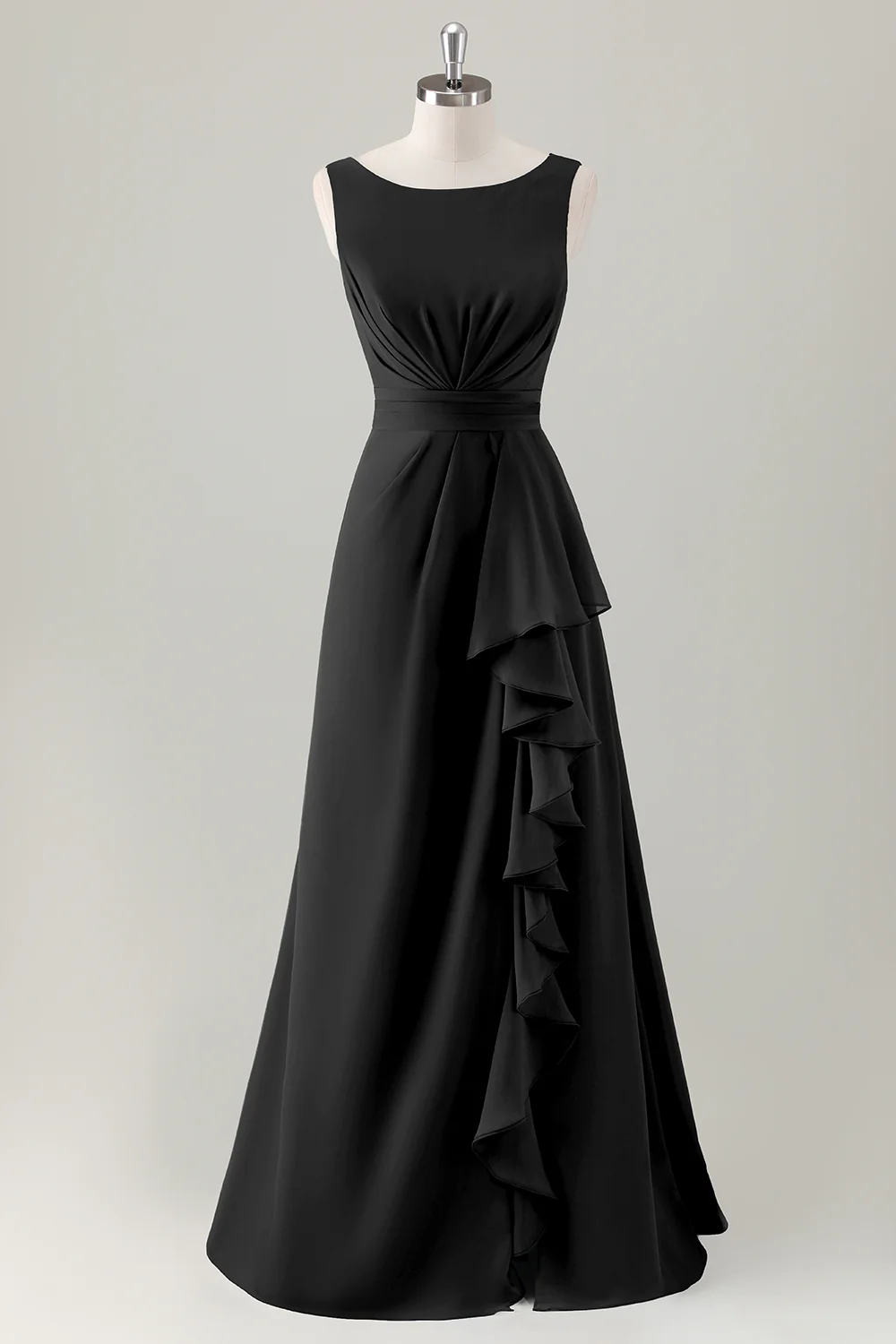 Robe de demoiselle d’honneur longue à volants trapèze bleu foncé avec fente - Image 7