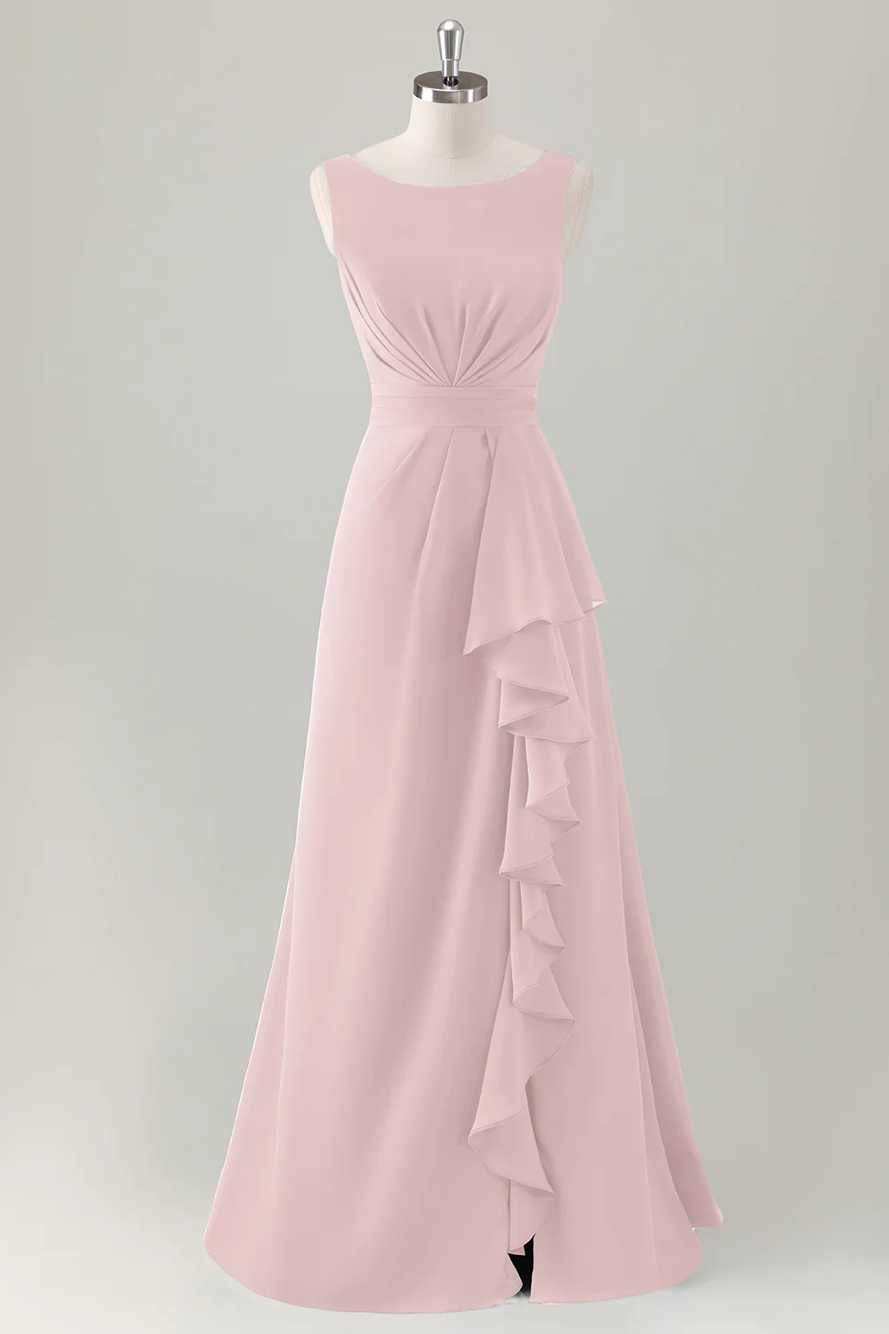 Robe de demoiselle d’honneur longue à volants trapèze bleu foncé avec fente - Image 9