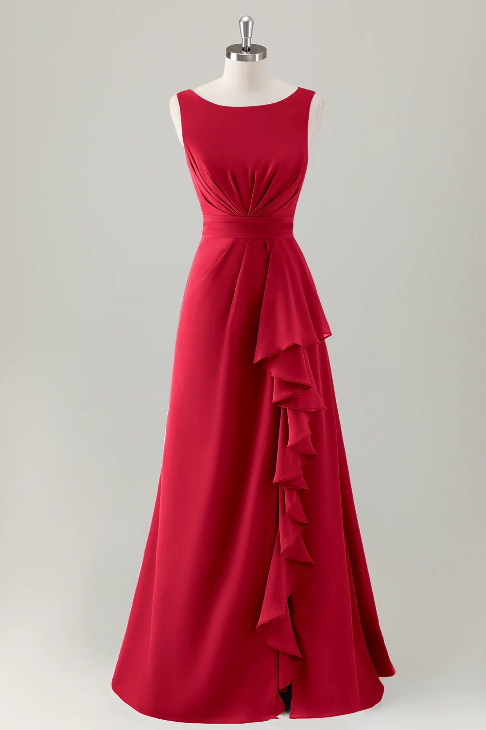 Robe de demoiselle d’honneur longue à volants trapèze Sauge poussiéreuse avec fente - Image 11