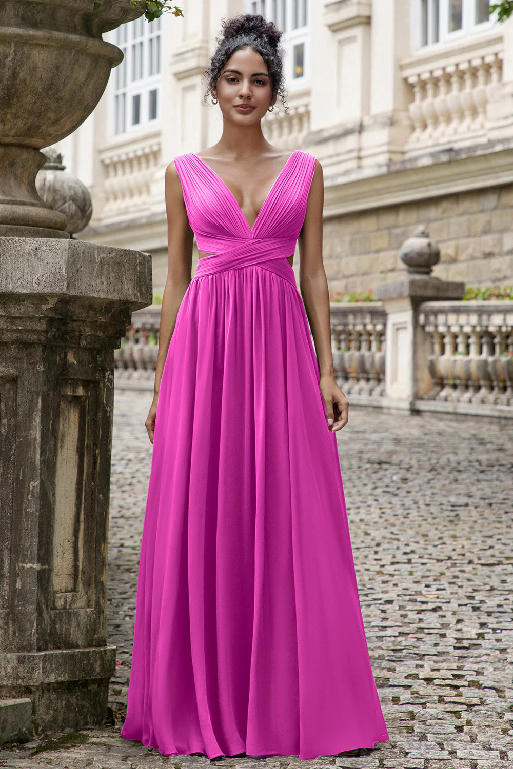 Robe de demoiselle d’honneur longue en mousseline de soie à col en V eucalyptus avec lacets dans le dos - Image 3
