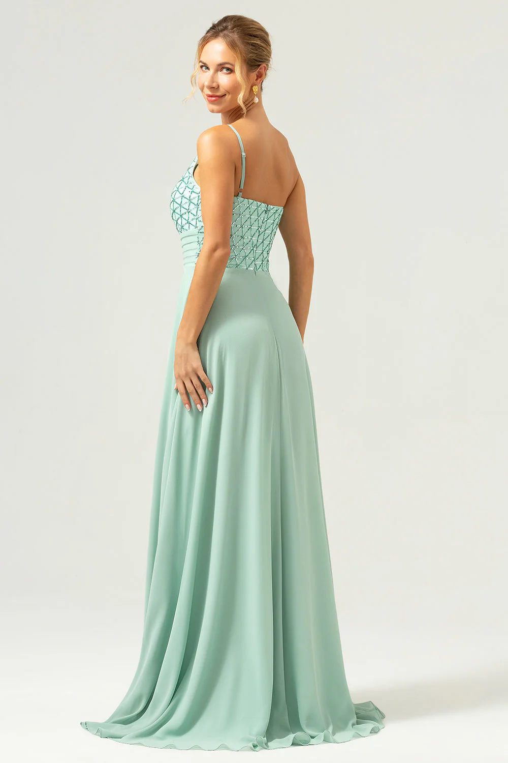 Robe de demoiselle d’honneur longue en mousseline de soie A-ligne vert scintillant à une épaule - Image 2
