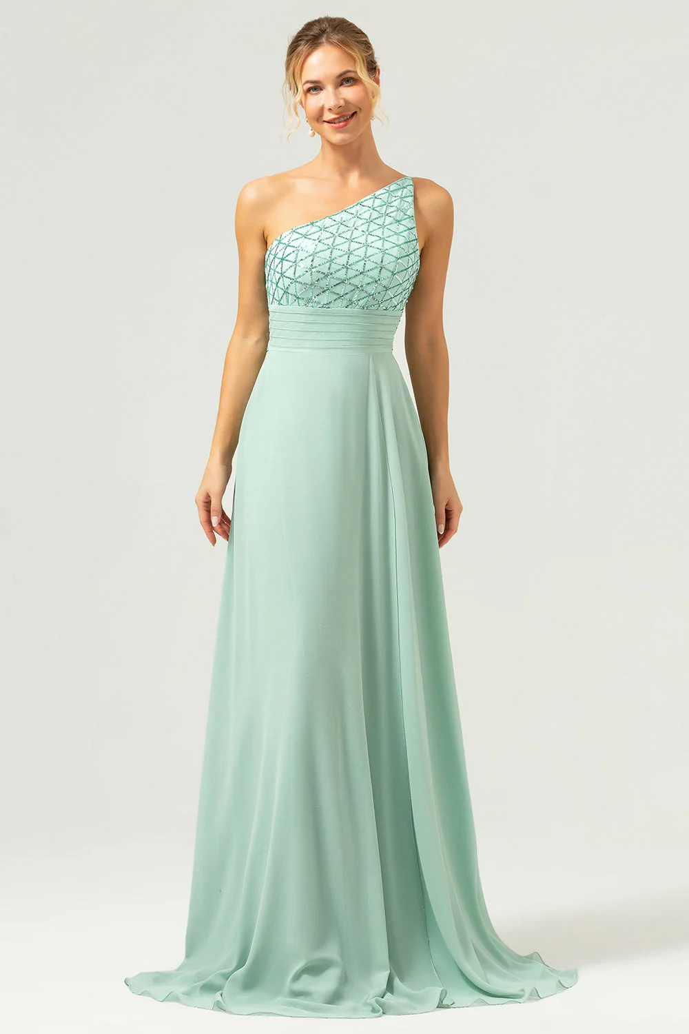 Robe de demoiselle d’honneur longue en mousseline de soie A-ligne vert scintillant à une épaule - Image 3
