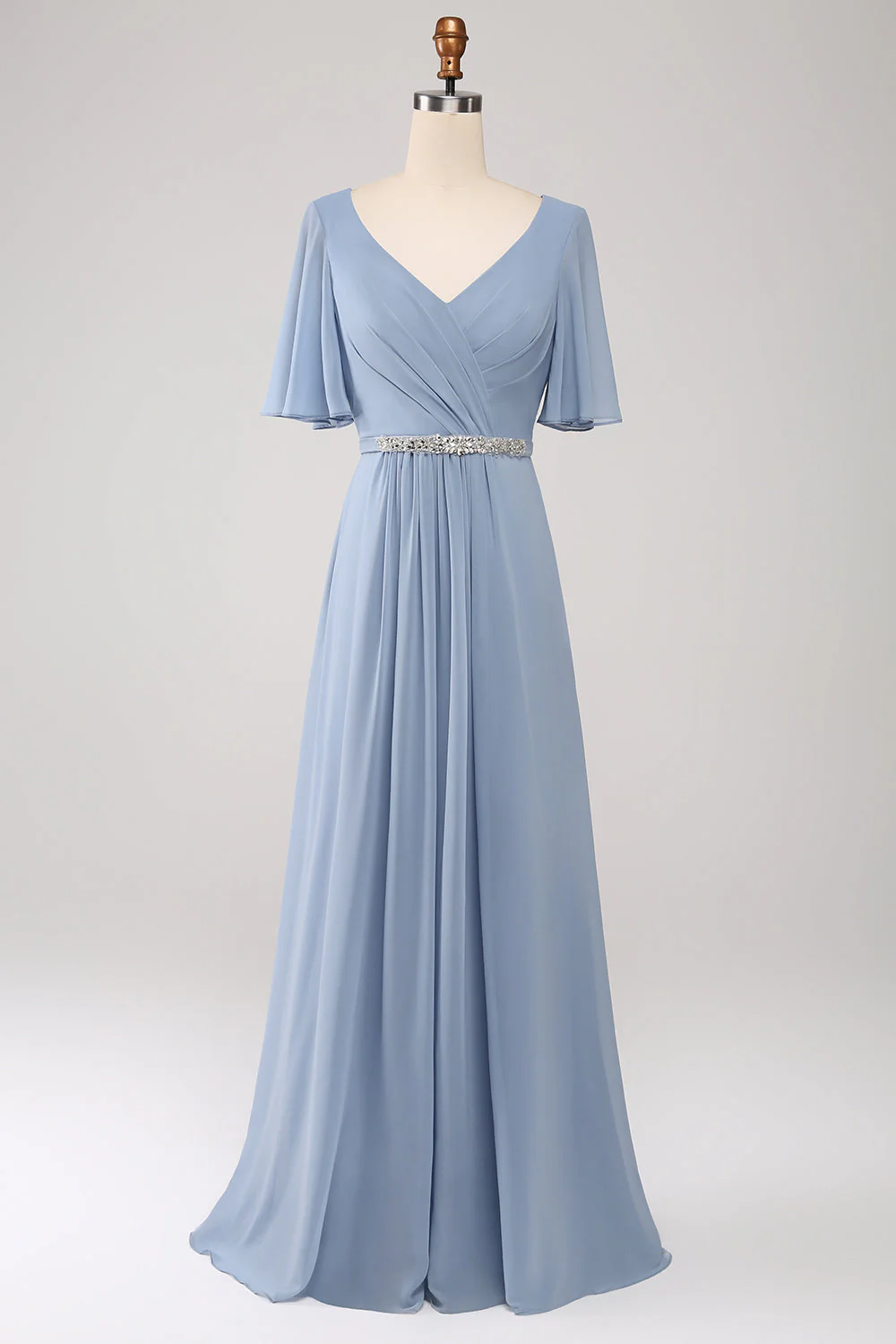 Robe de demoiselle d'honneur en mousseline de soie bleu poussiéreux ligne A col V manches courtes - Image 3