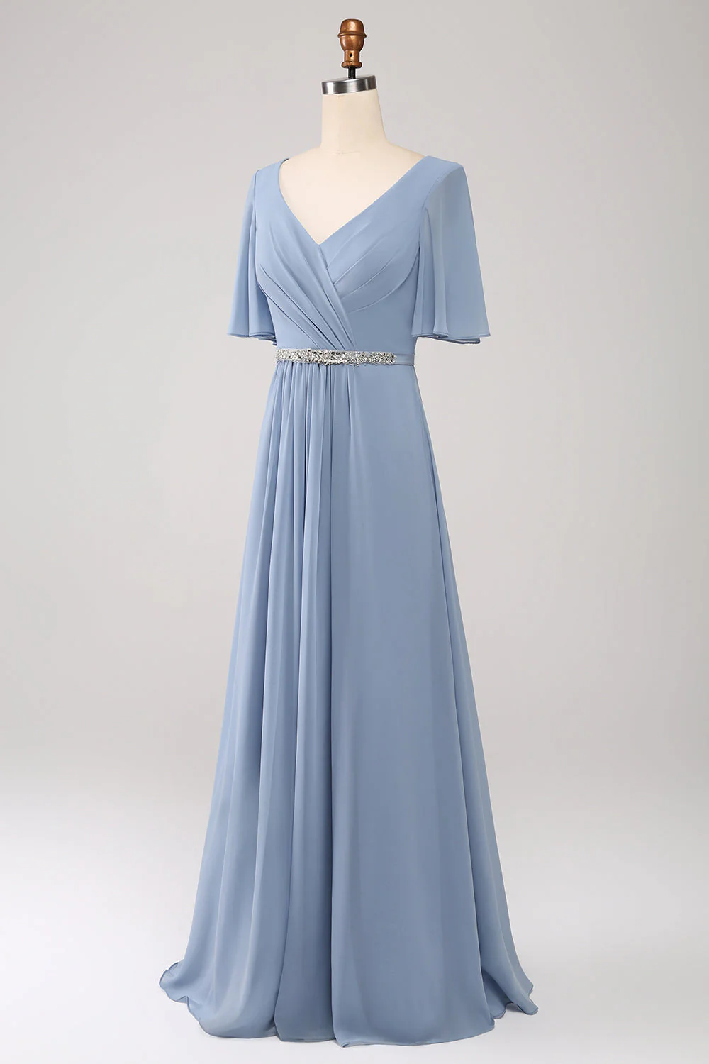 Robe de demoiselle d'honneur en mousseline de soie bleu poussiéreux ligne A col V manches courtes - Image 9
