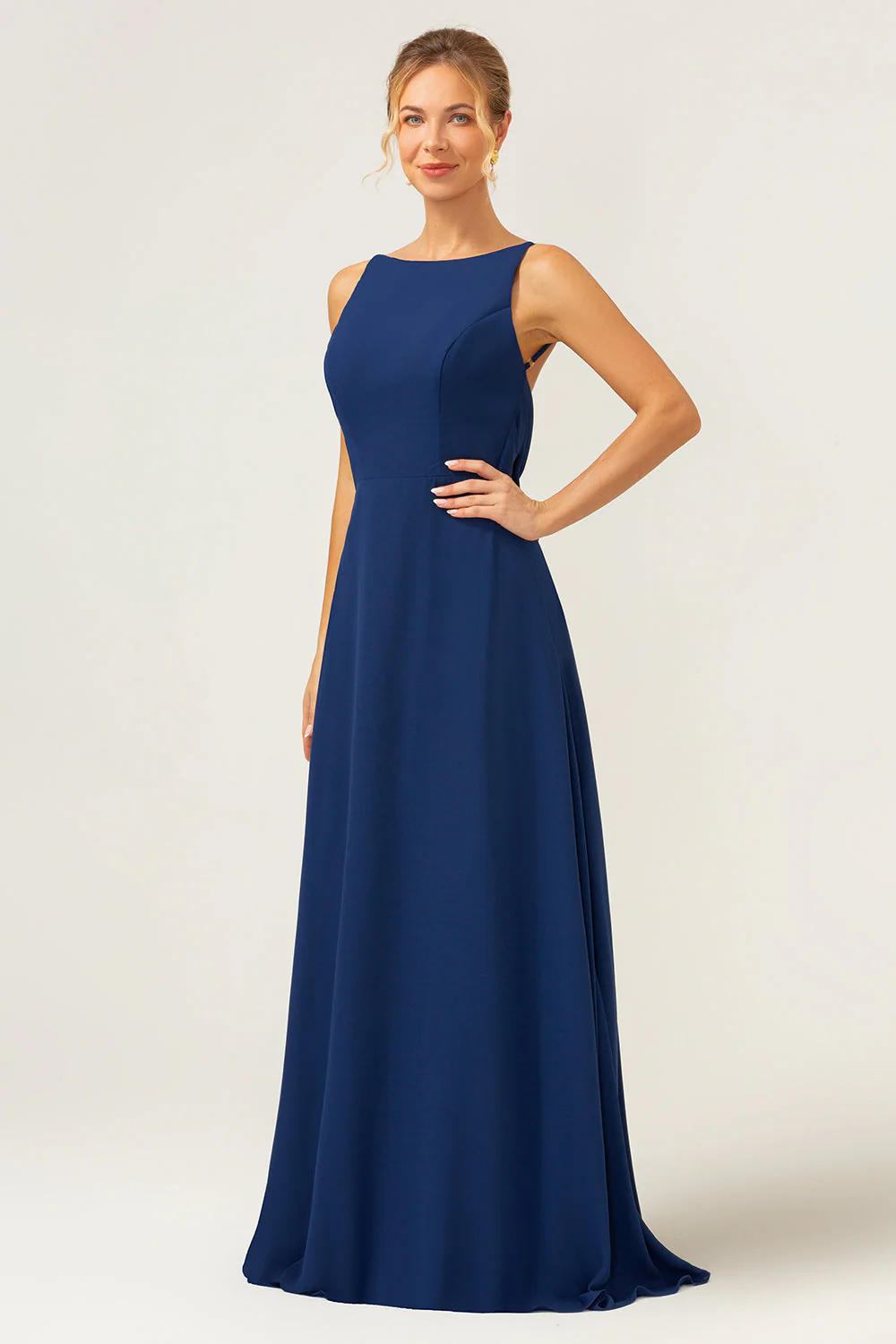 Robe de demoiselle d’honneur longue en mousseline de soie sans dos sirène bleu marine - Image 3