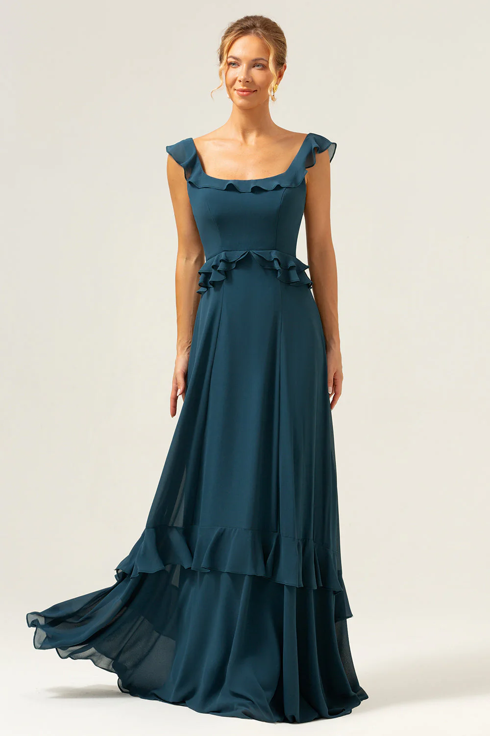 Robe de demoiselle d’honneur longue en mousseline de soie vert paon foncé trapèze - Image 4