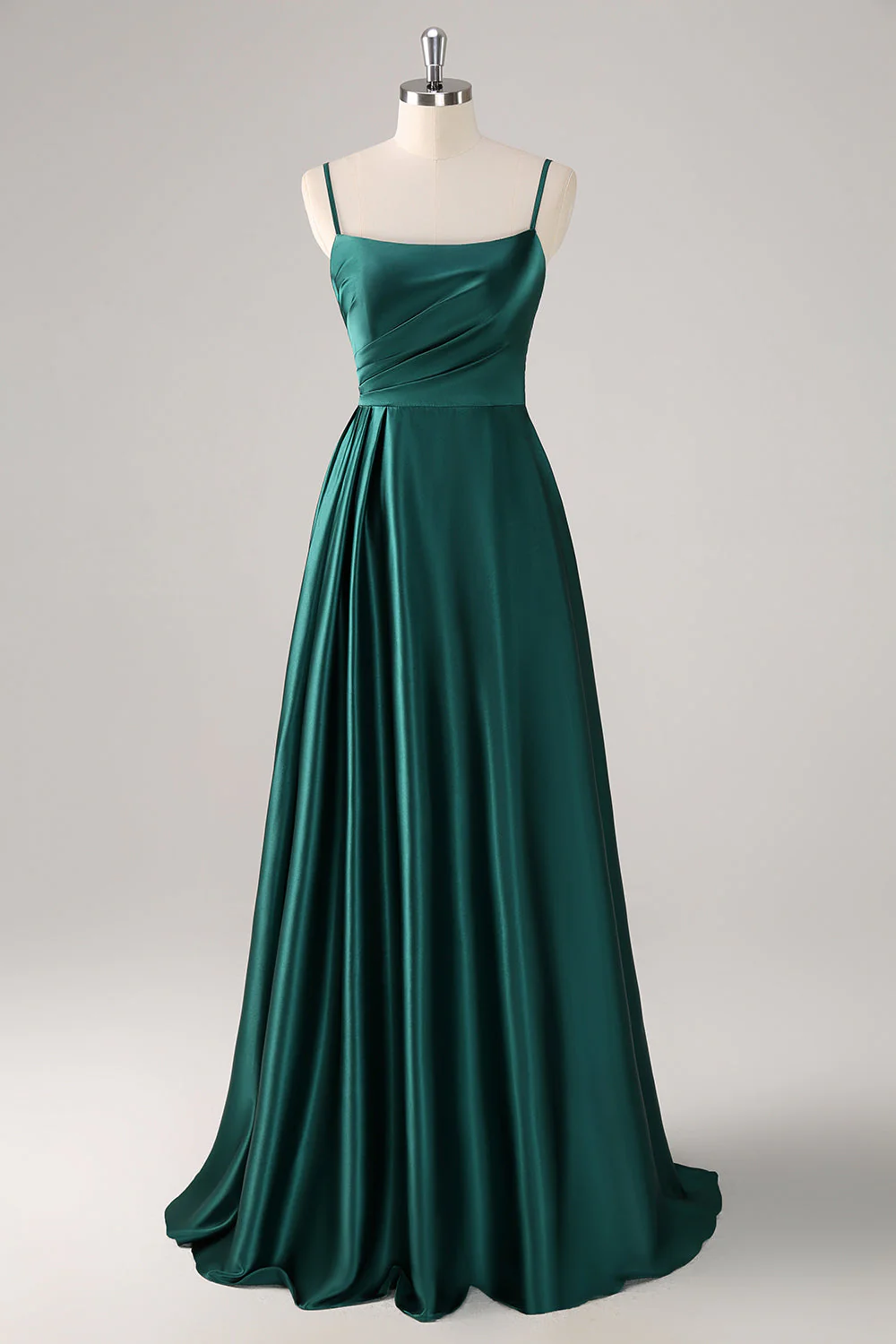 Robe de demoiselle d’honneur longue en satin froncé à bretelles spaghetti vert foncé - Image 7